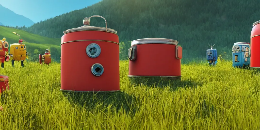 Prompt: a ultra photorealistic and sharp film still of an a sunny and colourful open field in 2 5 3 0 in the middle of the bavarian alps, germany. two colourful highly detailed tin can robots posing in the foreground. wide shot, wes anderson, studio ghibli, pixar and disney animation, octane render, anime key art by greg rutkowski, dramatic lighting, award winning photography