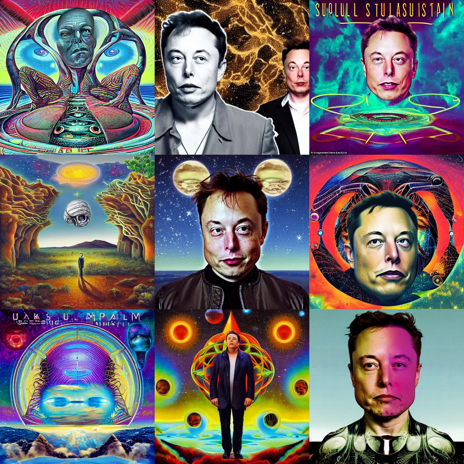 Prompt: surrealism album cover of elon musk ’ s dmt trip where he speaks to alien intelligence,