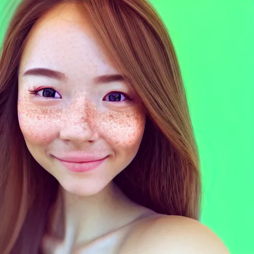 Image similar to beautiful hyperrealism selfie of a cute 3 d young woman smiling softly, long light bronze brown hair, cute freckles, flushed face, red blush, small heart - shaped face, soft features, emerald green eyes, chinese heritage, golden hour, 8 k, sharp focus, instagram