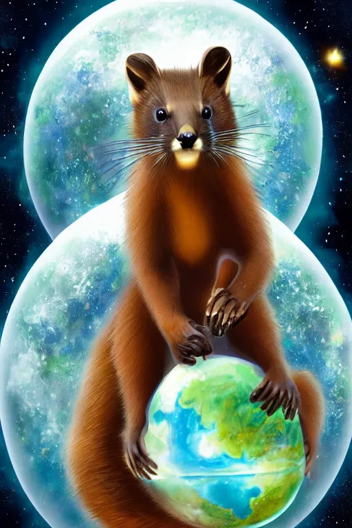 Prompt: giant pine marten in space holding a planet, digital art, trending on artstation, highly detailed, by Yoshitaka Amano