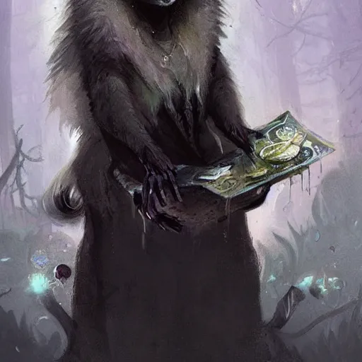 Prompt: A raccoon priestess with bloody eyes by greg rutkowski in the style of magic the gathering