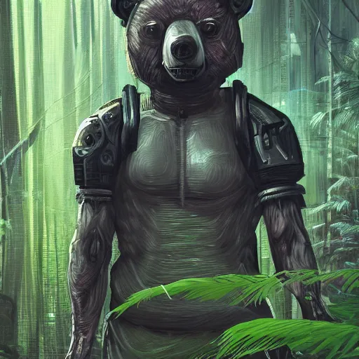 Prompt: A cyberpunk bear in a rainforest, highly detailed
