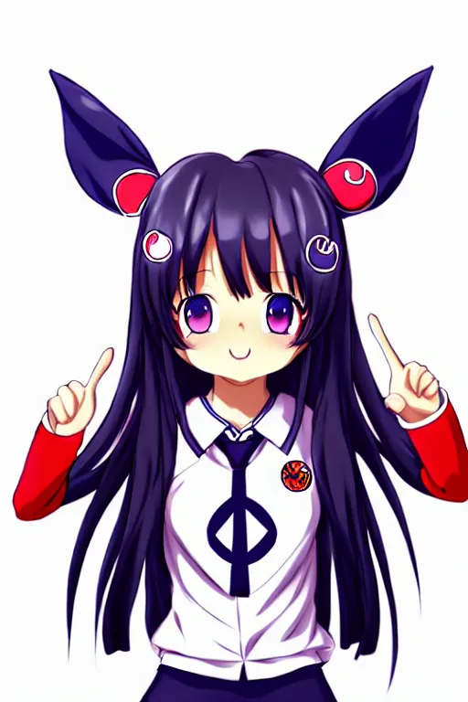 Image similar to full body anime portrait of a cute girl round eyes long hair dressed in a school uniform inside the school horns protruding on her head, peace sign, stunning, highly detailed, anatomically correct