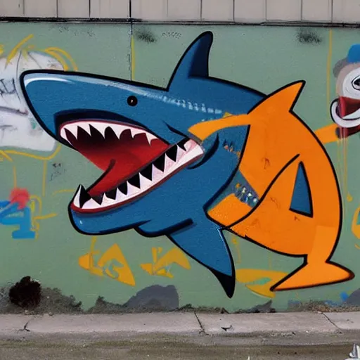 Prompt: an anthro shark holding a beer, graffiti on a wall dac 15.0