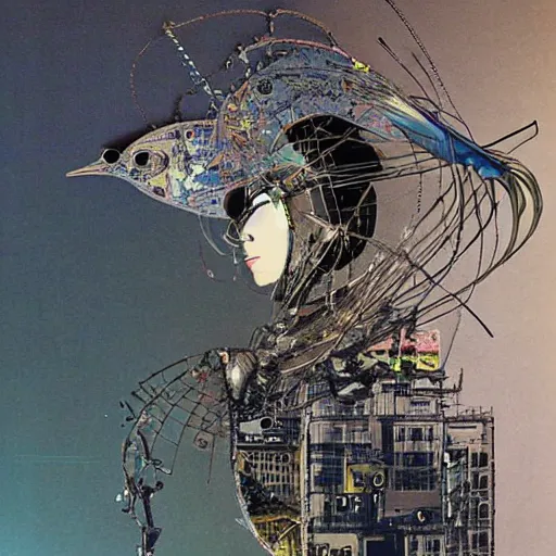 Prompt: a mechanical ( wren bird ) wanders between the cybernetic neonpunk realms of urban science and social science, collage artwork by dave mckean and ivan shishkin and yoshitaka amano