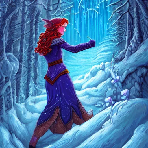 Image similar to Dan Mumford paint,a fantasy elf woman trapped and frozen trying to touch the hand of a human man who was frozen trapped with her, with frozen flowers