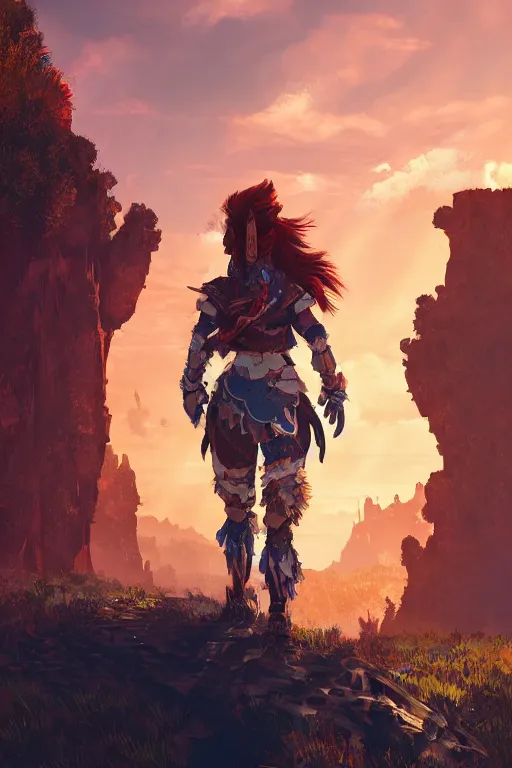 Image similar to combination suit armor aloy horizon forbidden west horizon zero dawn radiating a glowing aura global illumination ray tracing hdr fanart arstation by ian pesty and alena aenami artworks in 4 k tribal robot ninja mask helmet backpack