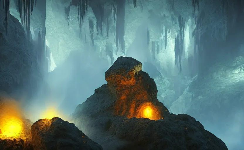 Image similar to a beautiful and stunning professional digital artwork of a glowing infernal cave, haze, smoke floating in the air, waterfall, volumetric lighting, hyperrealistic, rtx on, ultra detail