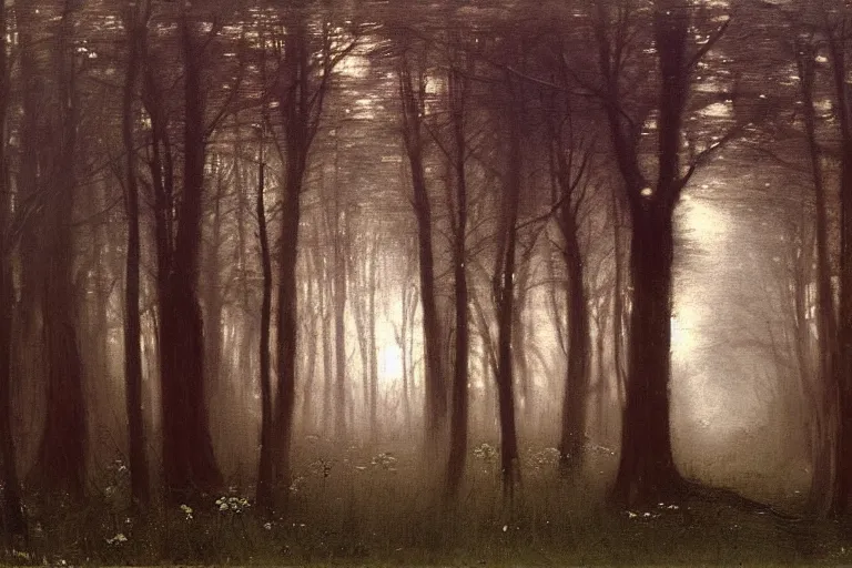 Image similar to dark and spooky painting of a forest dimly lit at night with tiny purple morning glory flowers trailing at the base of trees. foggy cinematic volumetric darkness, muted colour palette, detailed oil painting on canvas john william waterhouse, john everett millais