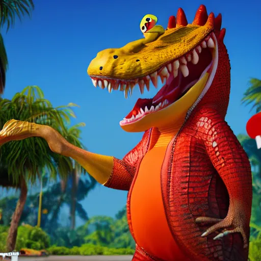 Image similar to 3 d render, anthropomorphic alligator, red scales on his back, yellow scale on his belly and chest, male, waring a hawaiian shirt, in the style of zootopia, hd, 4 k, high definition background