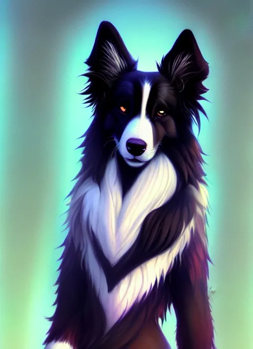 Image similar to wide angle beautiful full body portrait of a cute anthro male border collie fursona with two legs posing in front of a park, character design by charlie bowater, henry asencio, and ross tran, furry art, furaffinity, beautiful, glamor pose, detailed, aesthetic, trending on artstation