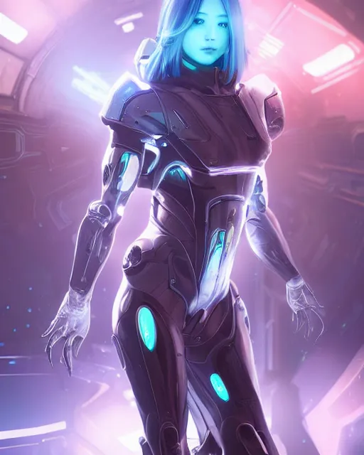 Image similar to perfect android girl on a mothership, warframe armor, beautiful face, scifi, futuristic, galaxy, nebula, bae suzy, dreamy, long white hair, blue cyborg eyes, sharp focus, cinematic lighting, highly detailed, artstation, divine, by gauthier leblanc, kazuya takahashi, huifeng huang