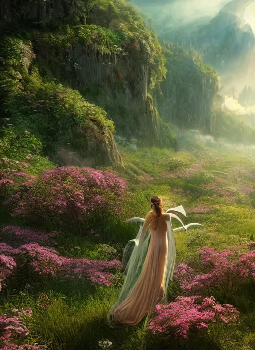 Image similar to an elegant fairy with wings of lace looking at a lord of the rings scenery landscape, vast lush valley flowers and wood structures, stream, sunrise, god's rays highly detailed, vivid color, cinematic lighting, perfect composition, 8 k, gustave dore, derek zabrocki, greg rutkowski, belsinski, octane render