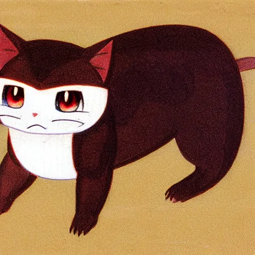 Prompt: an anime drawing of a tan cat with blue eyes and black feet, by ken sugimori in 1 9 9 8, for pokemon red and blue.