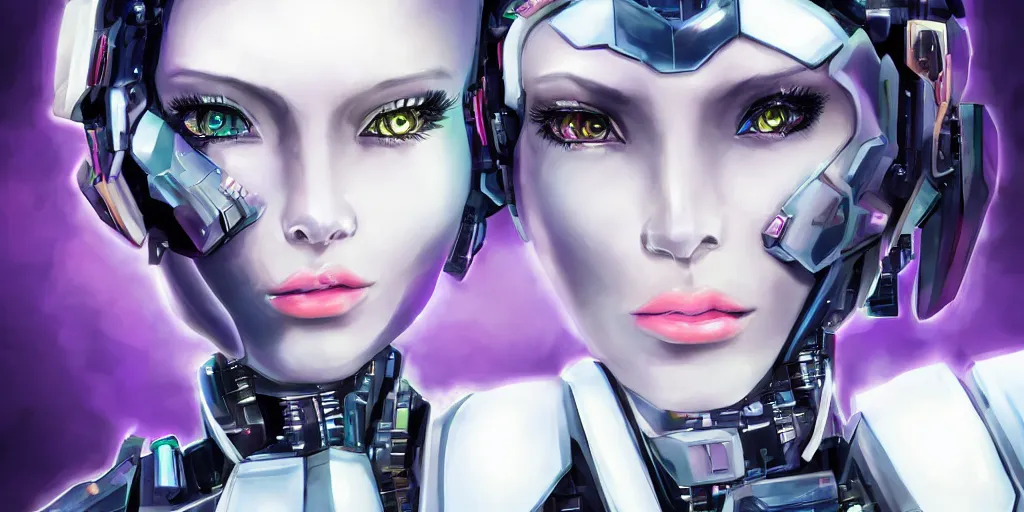 Image similar to Beautiful Female Mecha portrait faces, African, Asian, Middle Eastern, Mexican, with black irises and a white outer glow, In the style of Josh Nizzi, cybernetic, Mecha