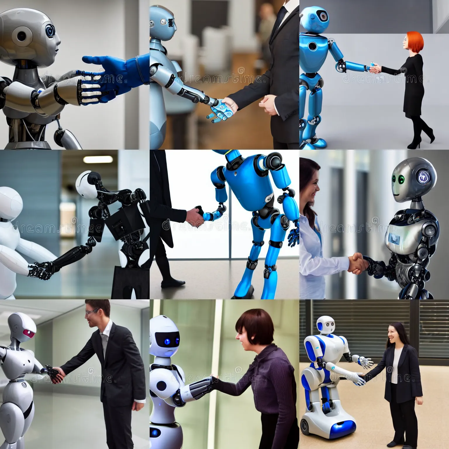 Prompt: a robot shakes hands with a human, stock photography