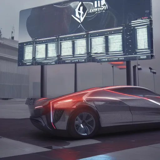 Image similar to sci-fi wall structure logotype and car on the coronation of napoleon painting and digital billboard in the middle, unreal engine 5, keyshot, octane, artstation trending, ultra high detail, ultra realistic, cinematic, 8k, 16k, in style of zaha hadid, in plastic, dark, tilt shift,