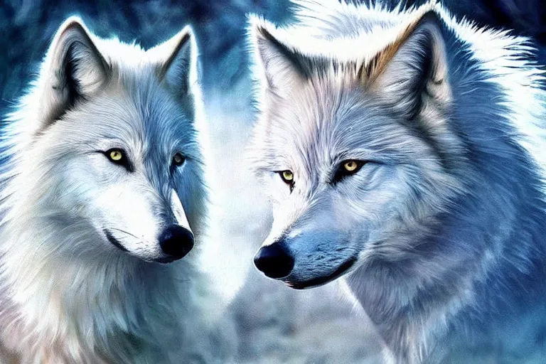 Image similar to white wolf, fantasy, painting, ultra realistic!!!, clear weather, golden hour, sharp focus