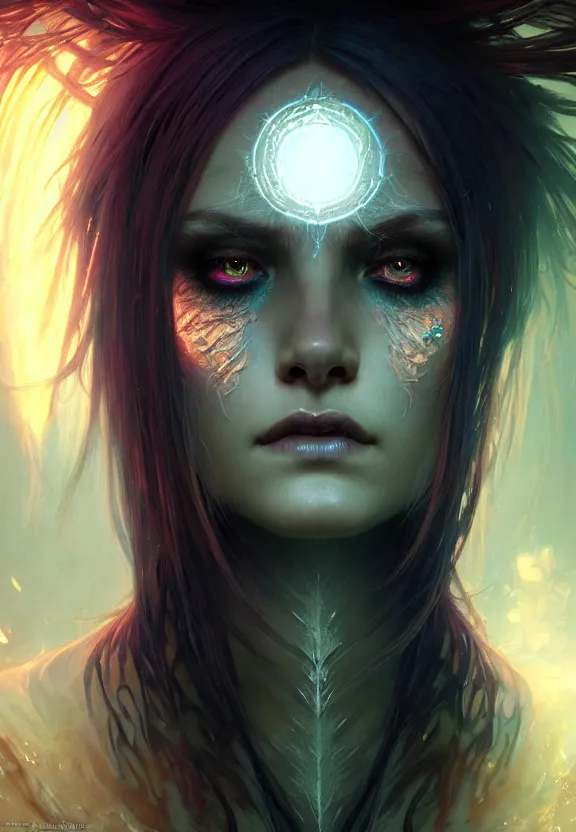 Image similar to Necromancer Sorceress face close-up macro in center, fantasy magic, undercut hairstyle, dark light night, intricate, elegant, sharp focus, illustration, highly detailed, digital painting, concept art, matte, art by WLOP and Artgerm and Greg Rutkowski and Alphonse Mucha, masterpiece