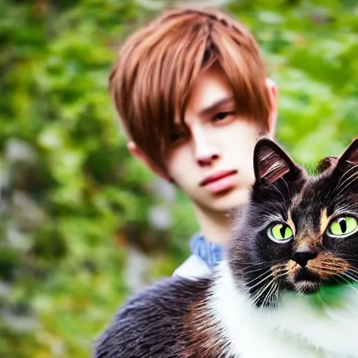 Image similar to A pretty catboy, a young man with cat features, in his natural habitat. Pictured are his cute ears and long tail. 4K National Geographic photograph