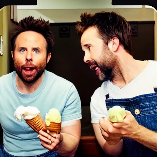 Image similar to Charlie Day and Rob McElhenney, kneeling down eating ice cream out of a white toilet bowl together, norman Rockwell