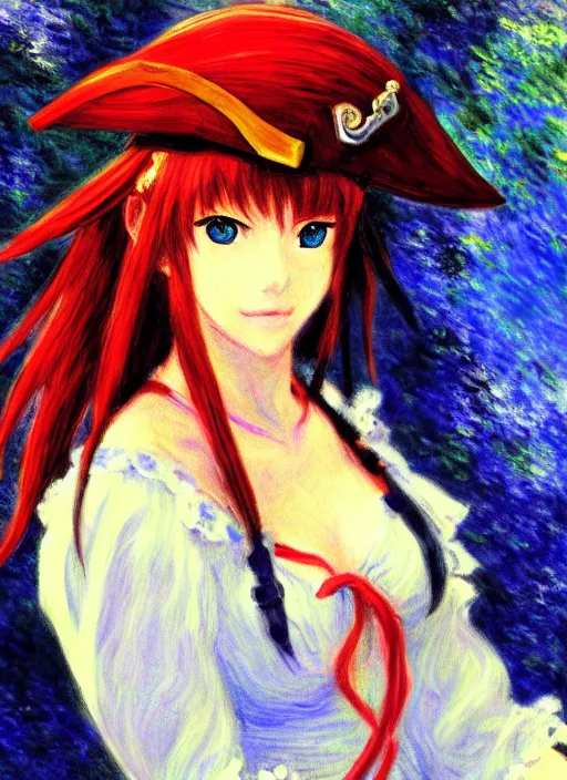 Prompt: a portrait of a female pirate, an in character outfit, very anime in impressionist style, anime trending artwork, 4 k, anime painter studio, by claude monet