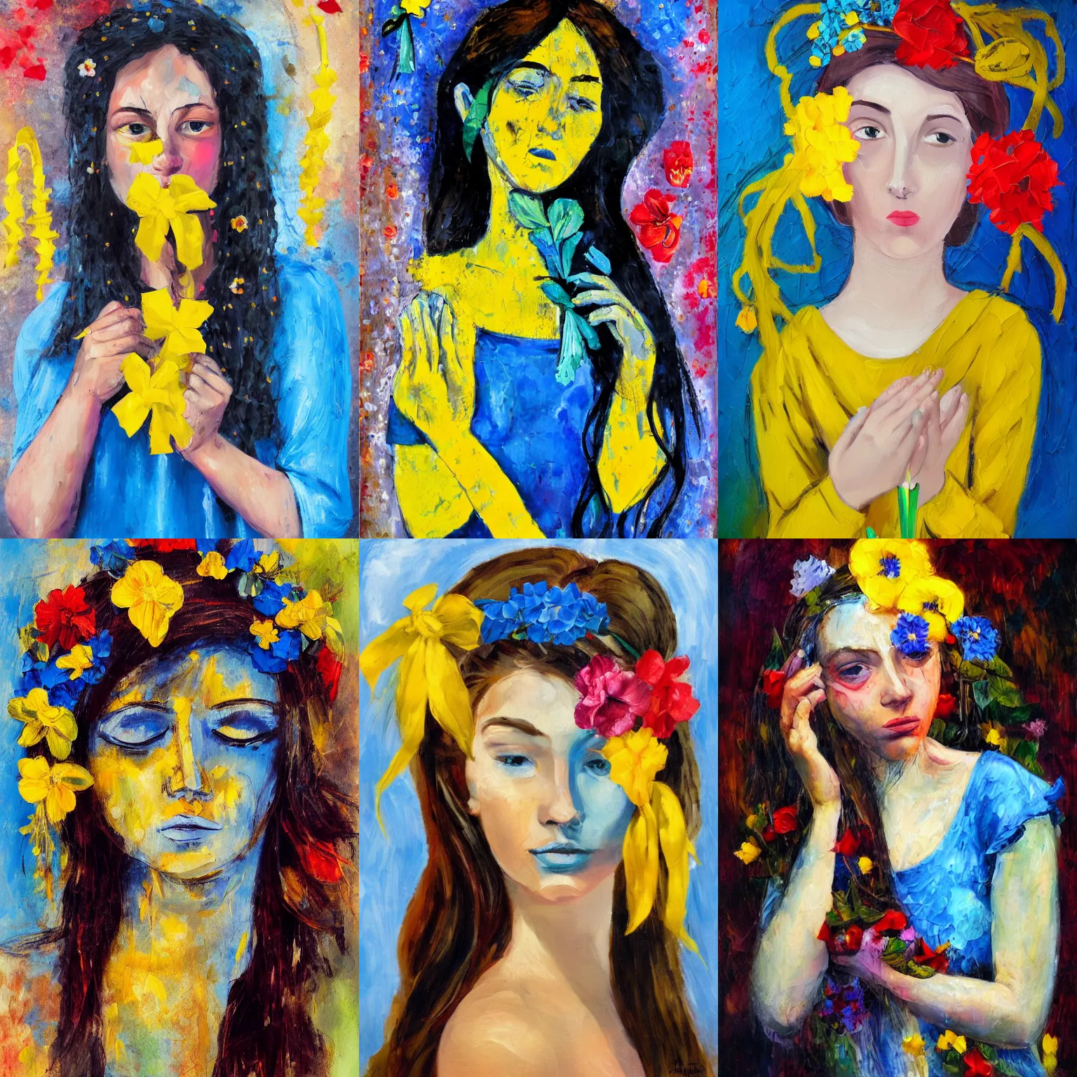 Prompt: A gorgeous young woman with flowers in her hair sad crying and blue and yellow ribbons and a candle in her hand, expressionism oil painting on canvas, hard brush strokes