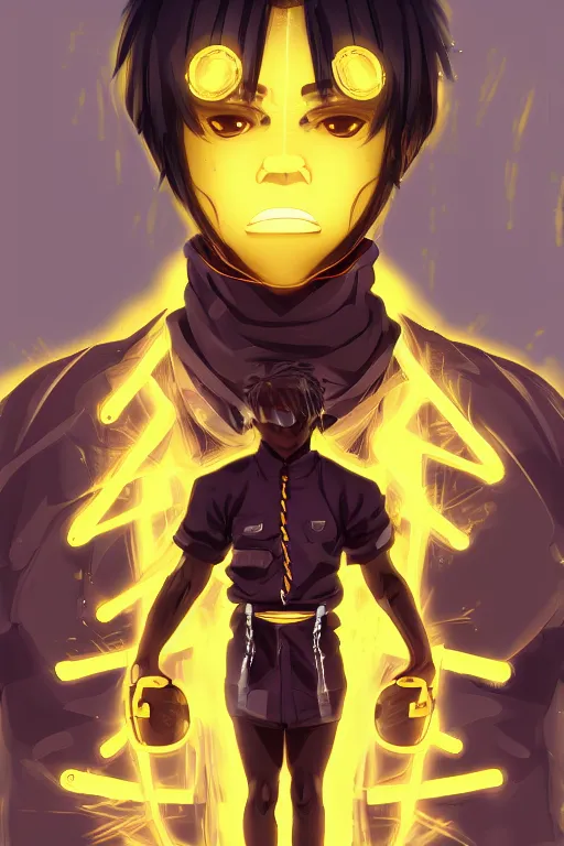 Image similar to glowing black male anime character, short golden hair, yellow eyes, symmetrical, highly detailed, digital art, sharp focus, trending on art station, samurai, electricity superpowers, anime art style