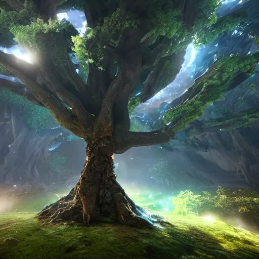 Image similar to yggdrasil the world tree, magical, light background, 8 k, unreal engine, octane render, hyperrealistic