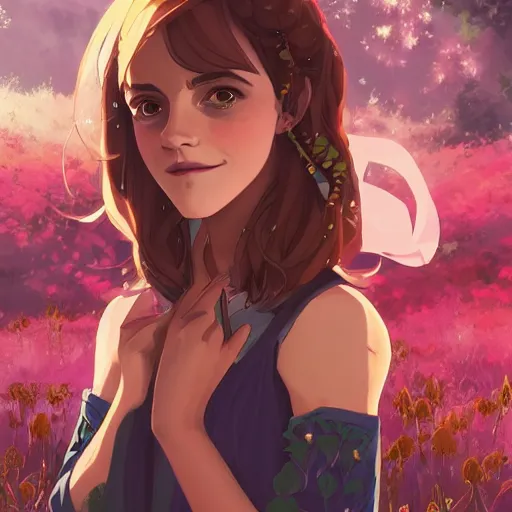 Image similar to portrait of Emma Watson as Hermione, dressed as Cleopatra, field of flowers background, rich vivid colors, ambient lighting, dynamic lighting, 4k, HQ, anime key visual, makoto shinkai, ilya kuvshinov, lois van baarle, rossdraws, detailed, trending on artstation