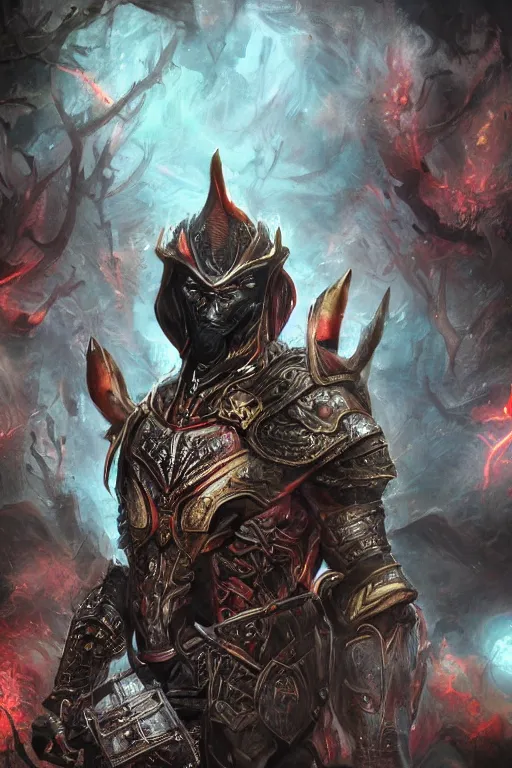 Image similar to Path of Exile, Sirius, bronze face, red eyes, male image with bronze black armor among black lights, dark red bloody fog fly around, Anachronism, painting, dark fantasy, steampunk, 4k, perfect quality,