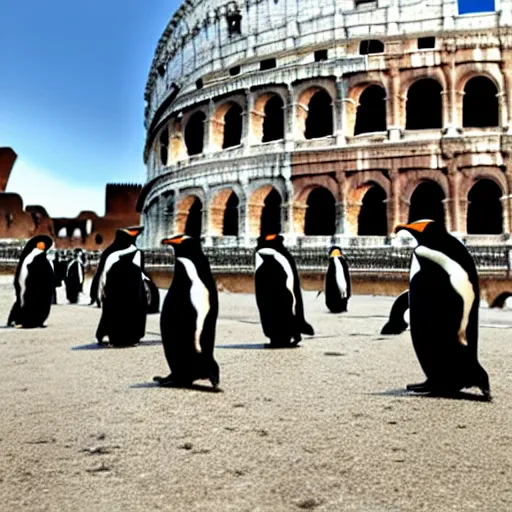 Prompt: penguin conquistadors visit rome