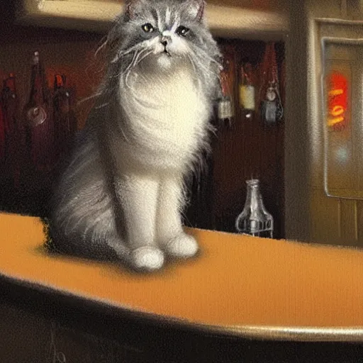 Image similar to of a british longhair cat sitting at the bar next to a beer, by greg rutkowski