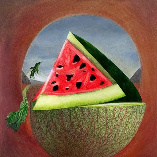 Prompt: realistic fluffy bat stealing a triangle slice of watermelon in the museum, highly detailed, sharp focus, oil painting, artwork by Victor Adame Minguez + Lovell + Sandro Botticelli