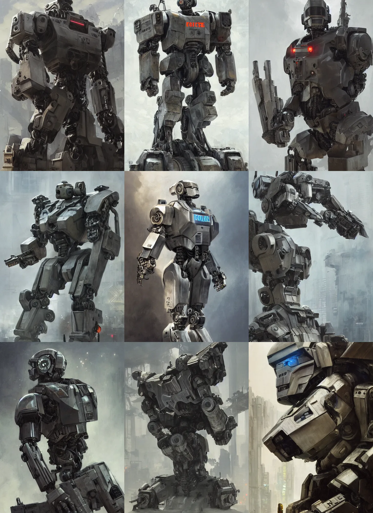 Prompt: portrait of chappie, mechanized police infantry, tactical, android, intimidating, face of a strong man, robocop, cable, victor stone, cyberdyne inc, officer, machine, scout police robot, symmetry, symmetrical, concept art by ruan jia and greg rutkowski