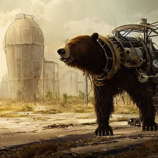 Prompt: a steampunk cyborg grizzly bear walking in a wasteland, abandoned barn in the background, collapsed water tower, painting by Greg Rutkowski