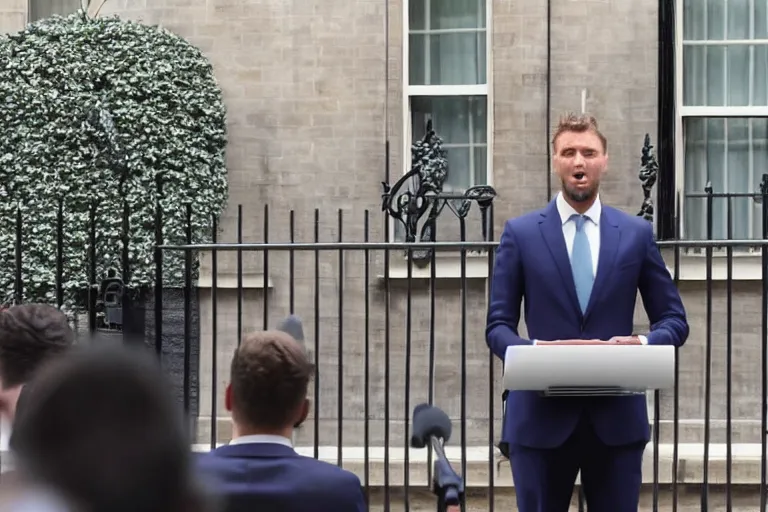 Prompt: giga chad in a suit giving a speech as prime minister, photorealistic, 8 k, 1 0 downing street background