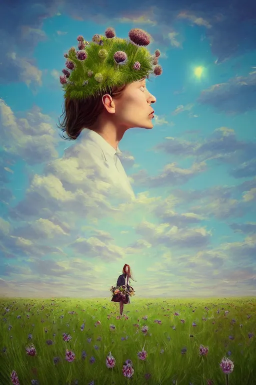 Prompt: portrait, an enormous thistle flower under head, girl in suit in a field of flowers, surreal photography, sunrise, blue sky, dramatic light, impressionist painting, digital painting, artstation, simon stalenhag