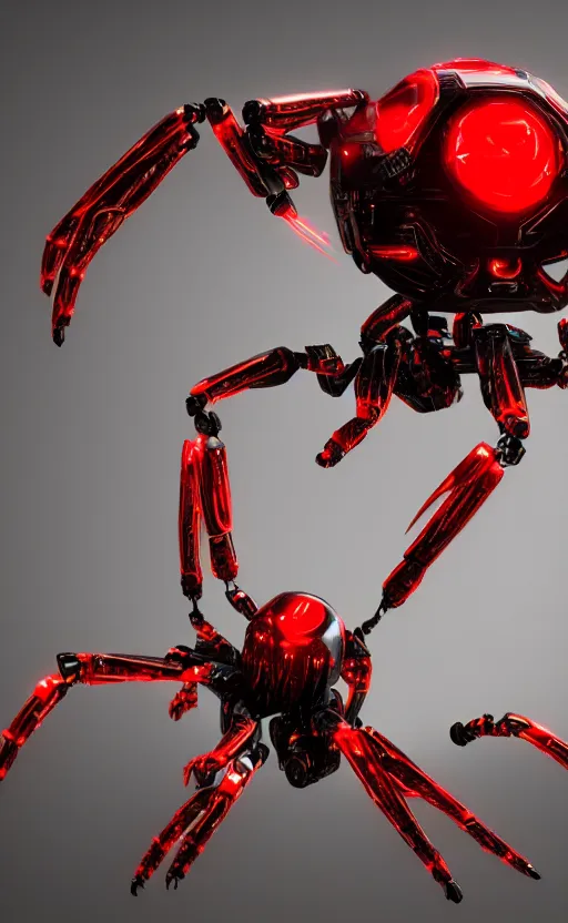 Image similar to a robot humanoid spider with 4 arms with claws, glowing red eyes, in a black carbon and red fiber armor, smiling creepily, dynamic lighting, photorealistic fantasy concept art, trending on art station, stunning visuals, creative, cinematic, ultra detailed