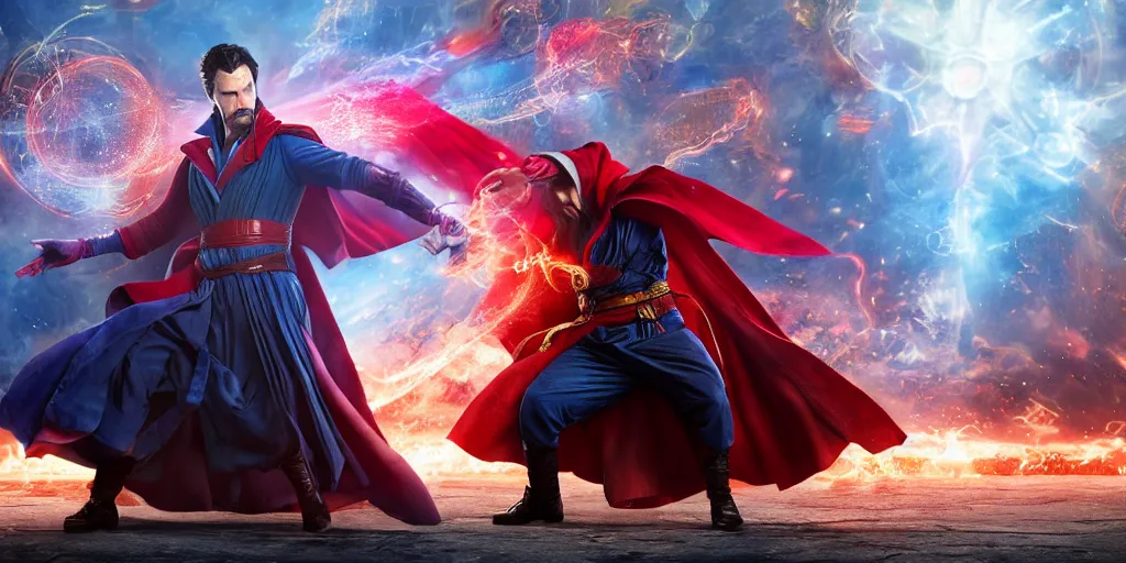 Image similar to Action sequence still of Doctor Strange and Scarlet Witch on the battlefield, fighting, Trending on artstation, photorealistic image, photorealistic imagery, 4k, 8k, movie still, action still