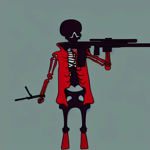 Prompt: a skeleton in a red hoodie with a rifle