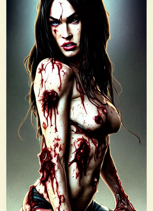 Image similar to portrait of megan fox as bloodthirsty damaged toothsome zombie, once upon a time, open mouth with sharp bloody teeth, intricate, headshot, highly detailed, digital painting, artstation, concept art, sharp focus, cinematic lighting, illustration, art by artgerm and greg rutkowski, alphonse mucha, cgsociety