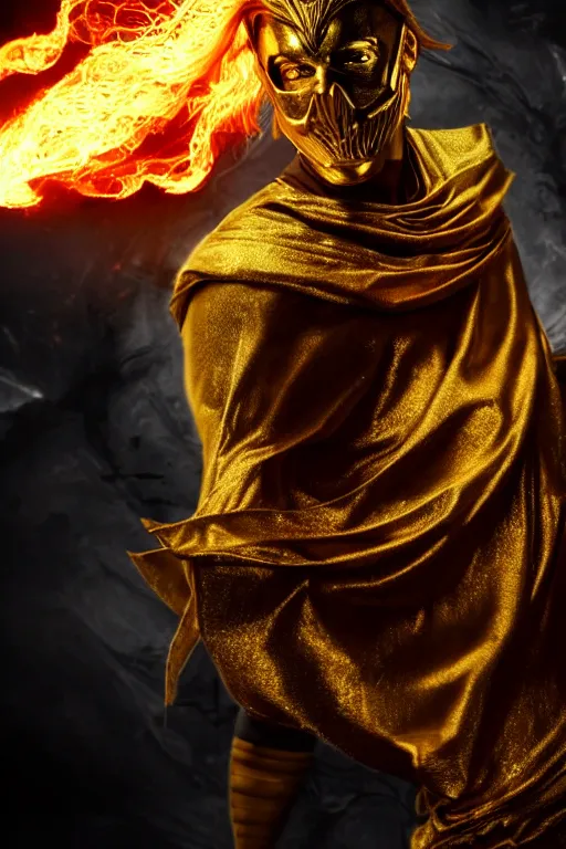 Prompt: A man wearing golden mask, hair like fire, muscular, in dark soul