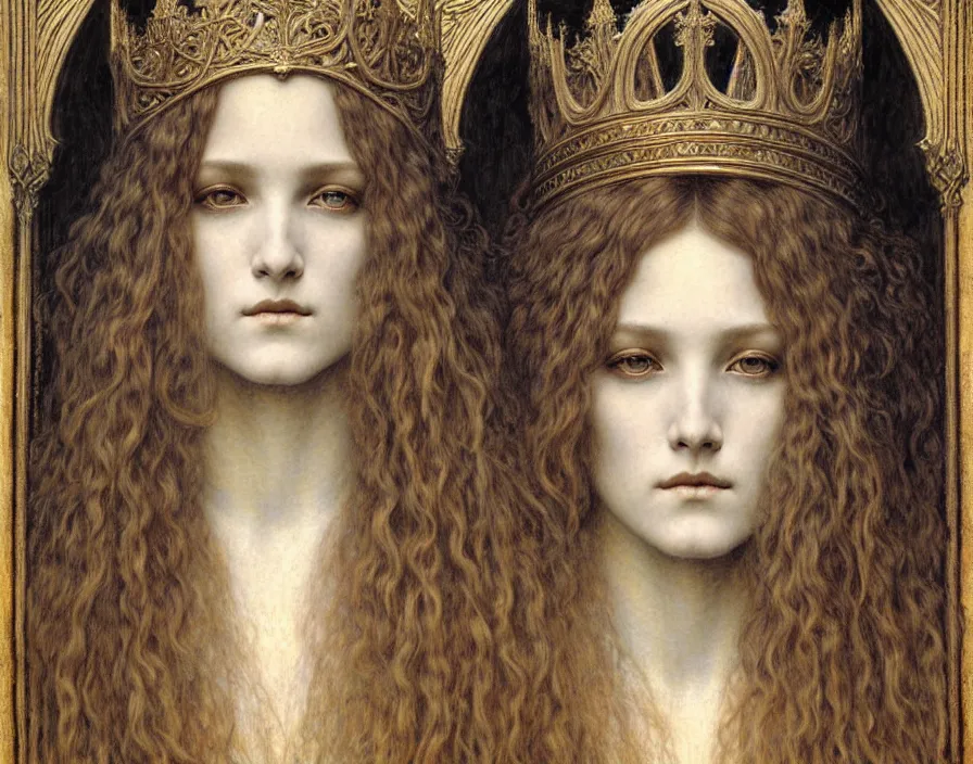 Image similar to detailed realistic beautiful young medieval queen face portrait by jean delville, gustave dore and marco mazzoni, art nouveau, symbolist, visionary, gothic, pre - raphaelite. horizontal symmetry