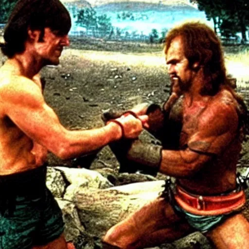 Image similar to zardoz arm wrestling rambo in heaven