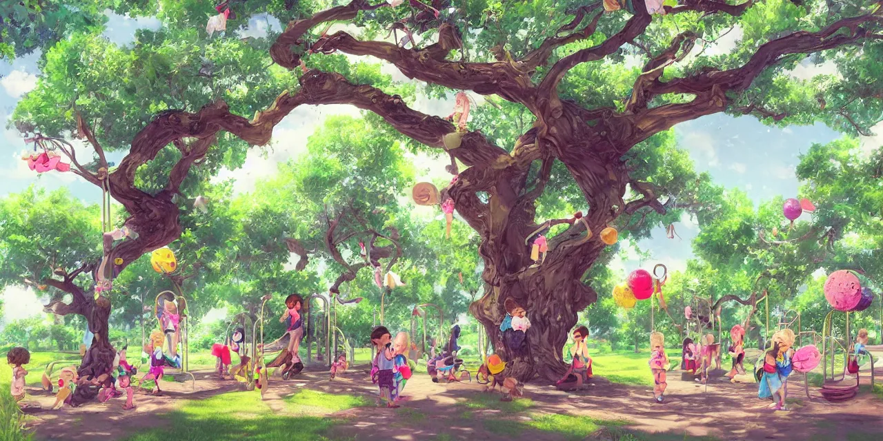 Image similar to 8 k ， an illustration of a children's playground under a big tree ， spring atmosphere ， by ashno alice and raja nanadepu ， trend on artgerm ， featured on artstation