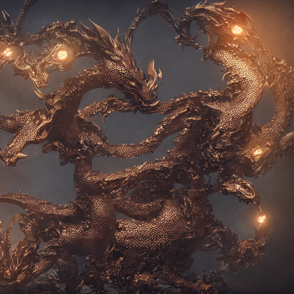 Prompt: dragon with big sequins and engraved on obsidian, art staton, octane render, 4 k, 8 k, colony, man standing