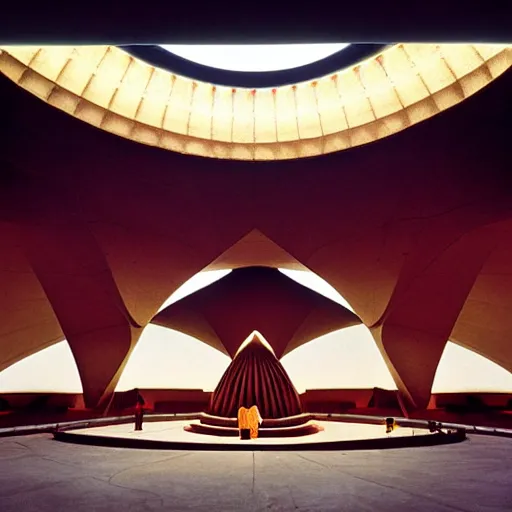 Image similar to eerie dark interior of a futuristic lotus temple with gold, red and white marble panels, shafts of sunlight in the centre, in the desert, by buckminster fuller and syd mead, intricate contemporary architecture with art nouveau motifs, photo journalism, photography, cinematic, national geographic photoshoot