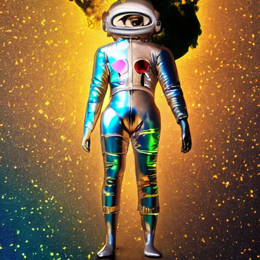 Prompt: the mummy dressed as an astronaut, style hybrid mix of Emma Lindstrom+Romi Lerda+ Sandra Pelser,Yves Tanguy+ Alphonse Mucha+ Ernst Haeckel+ Edward Robert Hughes+Stanisław Szukalski , rich moody colors,diamond dust glitter and sparkles, holographic krypton ion,red neon eyes,octane render,4k, ighly detailed, hyperrealism, excellent composition, cinematic concept art, dramatic lighting, trending on ArtStation