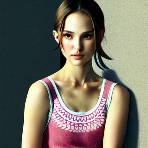 Image similar to a beautiful young japanese natalie portman alluring gravure model, wearing elegant designer tank top, elegant tank top with mesoamerican patterns, by akira toriyama and wlop and ilya kuvshinov and artgerm and, aesthetic, gorgeous, stunning, alluring, attractive, artstation, deviantart, pinterest, digital art